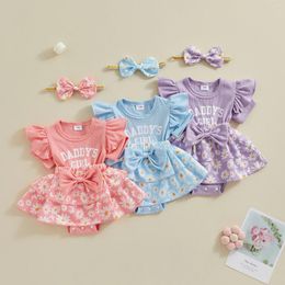 Girl Dresses Listenwind Baby Girls Summer Romper Dress Flying Sleeve Letter Daisy Print Patchwork With Headband For 0-18 Months
