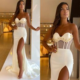 Stunning white mermaid prom dress sequins sweetheart evening dresses elegant split illusion bodice dresses for special occasion