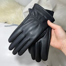 Deerskin Pattern Male Leather Gloves Men's Genuine Leather Gloves Black Sheepskin Women's Gloves Warm Velvet Lining For Winter