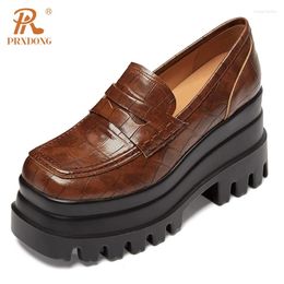 Dress Shoes PRXDONG Brand Genuine Leather Chunky High Heels Thick Platform Black Brown Party Female Pumps Spring Summer 39