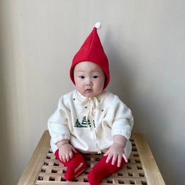 MILANCEL Christmas Baby Bodysuit Hat Infant Fleece Lining Christmas Tree Printed Toddler Year Clothes 240411