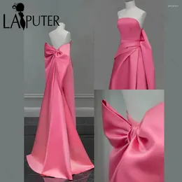 Party Dresses Plain Pink Satin Girl Prom Strapless A Line Long Evening Gown Ruched Back Detachable Big Bow Knot Cute Celebrity Dress