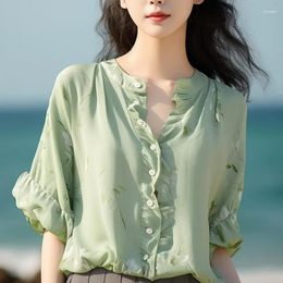 Women's Blouses Satin Shirt Spring/Summer Printed Vintage Loose O-necks Women Tops Short Sleeves Fashion Clothing YCMYUNYAN