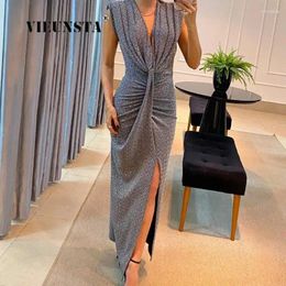 Casual Dresses 2024 Elegant Slim Fit Deep-V Folds Women Commute Sleeveless Dress Vestidos Fashion Temperament Office Lady Bandage