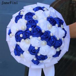 Wedding Flowers JaneVini Charming Royal Blue White Bridal Bouquets Pearls Artificial Satin Roses Bouquet Accessories For Bride