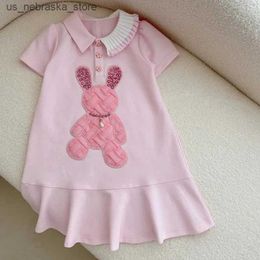 Girl's Dresses Girls baby dress summer clothing new childrens pink polo neck princess dress Korean version casual rabbit dress Q240418