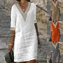 Женская лето чистое цвет ретро -этнический стиль v шея в среднем рукаве и льняном платье