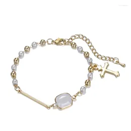 Charm Bracelets Luxury Square Opal Golden Cross Charms Women Gold Metal Beads Pearl Chain Bracelet 2024 Jewellery