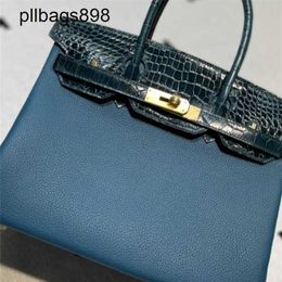 Brkns Handbag Genuine Leather 7A Handswen Misty Crocodile Skin Cowhide Duck Blue BK30 Handheld with for WomenLX0M