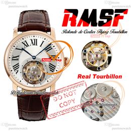 Rotonde W1556215 Flying Tourbillon Mechanical Hand Winding Mens Watch RMSF Rose Gold Silver Roman Dial Brown Leather Super Edition Reloj Hombre Puretime PTCAR A1