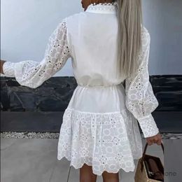 Basic Casual Dresses Fashion Holiday Beach Solid Colour Dress New Womens Stand-Up Neck Lace Splicing Dress Elegant Long Sleeve Button Bohemian Dress