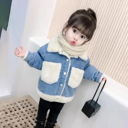 Jackets Fall Kids Jean Vest 2024 Fleece Thermal Faux Fur Winter Clothes Toddler Casual Denim Solid Color Baby Girl