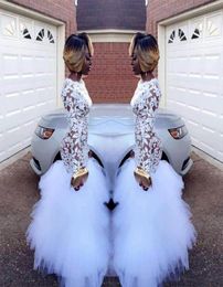 African White Mermaid Prom Dresses for Black Girls Lace Long Sleeves Ruffles Tulle Evening Party Dress Plus Size Prom Gowns Vestid9783082