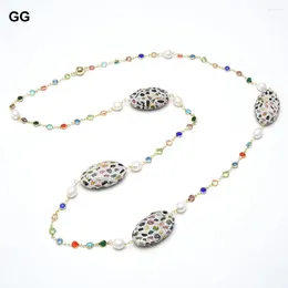 Pendant Necklaces GG 44" Cultured White Rice Pearl Natural Tourmaline Stone Paved Colourful Crystal Chain Long Necklace Handmade For Women