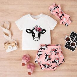 Clothing Sets Toddler Girl Summer Outfit Cow Head Print Short Sleeve T-Shirts Tops Shorts Headband 3Pcs Clothes Set
