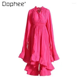 Casual Dresses French Woman Rose Red Ruffled Dress 2024 Spring Sexy Ladies Pleated Cape Slimming Stitching Solid Colour Long Sleeve