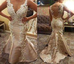 Custom Made Champagne Beads Mermaid Prom Dresses New Lace Appliqued Pearl Deep V Neck Sweep Train Formal Evening Special Occasion 6633843