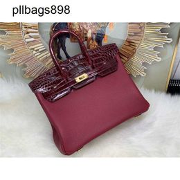 Handmade 7a Handbag Bikns Genuine Leather High gloss crocodile skin patchwork cowhide portable womens womens light luxury wine redDSJE