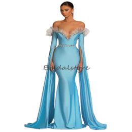 Arabic Kaftan Blue Prom Dresses With Sleeves Off Shoulders Rhinestone Mermaid Evening Gowns Dubai Abayas Turkey Formal Dress 2024 Gorgeous Birthday Vestios De Gala