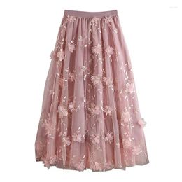 Skirts In 2024 Spring Summer High Waisted Two Layer Mesh Flowers Embroidery Midi Skirt Women Sweet Elegant Casual Tutu