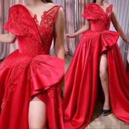 2024 Red Prom Dresses Luxury Beading Satin Ruffles Sheer Neck Sleeveless Front Slit Custom Made Evening Gown Formal Occasion Wear