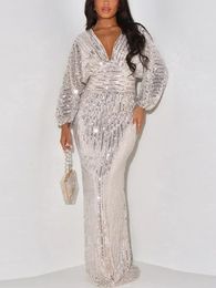 Casual Dresses Silver Sequin Party Women Deep V Neck Long Sleeve Empire Floor Length Sparkly Cocktail Prom Evening Gowns Fall 2024
