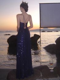 Casual Dresses Glitter Gold Sequins Prom Gown Thigh-high Split Strappy Lace-up On Open Back Floor Sweeping Train Evening Party Dress