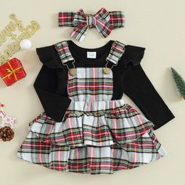 Clothing Sets Lovely Baby Girls Skirt Clothes Rib Ruffle Long Sleeve Romper Plaid Suspender Headband Kids Outfits For Born