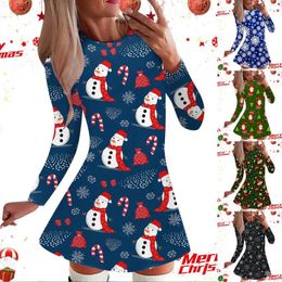 Casual Dresses Fashion Christmas Printed Round Neck Long Sleeve Dress Womens Elegantes Para Mujer 2024