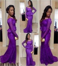 Arfrican Purple Mermaid Prom Evening Dresses 2019 Aso Ebi Long Sleeves Full Lace Prom Dress Peplum Backless Formal Gown1092554