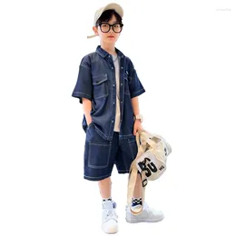 Clothing Sets Teenage Boy Summer Clothes Short Sleeve Thin Denim Jacket Shorts 2pcs 4-14 Kid Suit Children Outfit Big Set