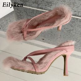 Sandals Eilyken 2023 New Design Faux Fur Slipper High Heels Shoes Fall Best Street Females Square Head Toe Clipon Sandals Women