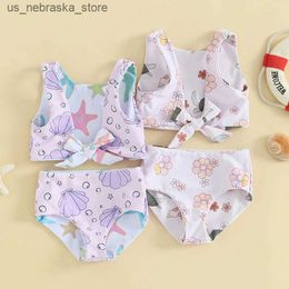 One-Pieces 0-4Y Baby Girl Bikini Set 2024 Summer Shell/Flower Print Knot Tankini and Shorts Set Childrens Swimwear Childrens Swimwear Q240418