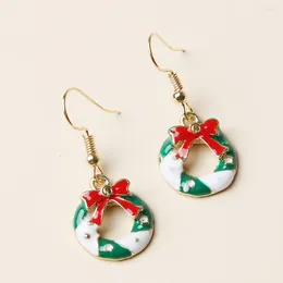 Dangle Earrings Christmas Green Wreath Bow Drip Glaze