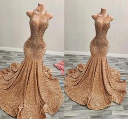 Gold O Neck Long Prom Dress For Black Girls 2024 Beaded Crystal Birthday Party Dresses Sequined Evening Gowns Gown Robe De Bal BC18640 0418