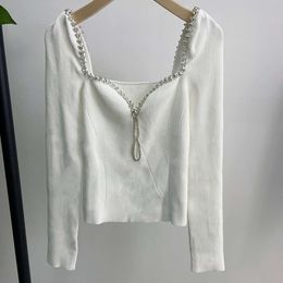 Luxury Designer Sweater SP White Knitted Pollovers Women Rhinestone Trimmed Square Neck Slim Top Small Fragrance Style High-end Versatile Solid Colour FZ2404181