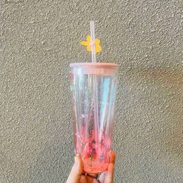 water bottle Starbucks cup cherry blossom season 591ml bird singing and flower fragrance pink transparent double glass straw cup L48