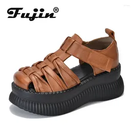 Dress Shoes Fujin 7cm Autumn Women Cow Genuine Leather Ladies Luxury 2024 Ethnic Platform Wedge Summer Round Spring Shallow Mary Jane