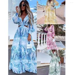 Casual Dresses Amazon Fashion Style Street Women's Wear Spring Long Printed V-neck Sleeve Elegant Dress Women