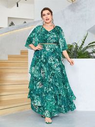 TOLEEN Women Plus Size Maxi Dresses Stylish elegant chiffon dress Casual Vneck flared sleeves Vintage green print 240410