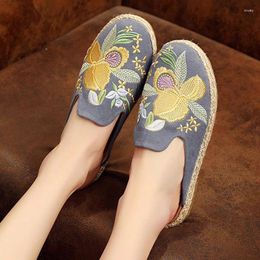 Slippers Autumn Women's Canvas Shoes Street Leisure Mules Ethnic Embroidered Espradrilles Straw Slipper Daily Soft Flats Casual