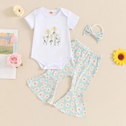 Clothing Sets Baby Girl Casual Set Short Sleeve Romper With Daisy Pattern Flare Pants And Headband 3 Pcs Outfit