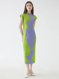 Casual Dresses Miyake Pleated High Collar Flying Sleeve Printed Dress Women 2024 Korean Fashion Elegant Causal Designer Clothing