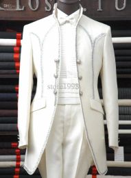 Tuxedos Custom Made Groom Tuxedos Three Button Best Man Groomsman Mandarin Lapel Men Wedding Suits Bridegroom (Jacket+Pants+Bow Tie+Girdle