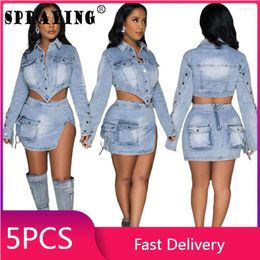 Work Dresses 5 Denim Skirt Sets 2024 Jackets Slit Mini Skirts Bulk Items Wholesale Lots Single Breasted Pocket Two Piece Set Outfits S13396