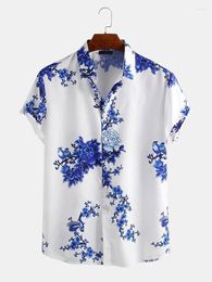 Men's Casual Shirts European And American Printed Shirt Southeast Asian Ink Painting Plum Blossom Short Sleeved Lapel S-3XL