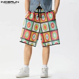 Men's Shorts INCERUN 2024 American Style Men Lattice Flower Mesh Printed Casual Well Fitting Male Personalised S-5XL