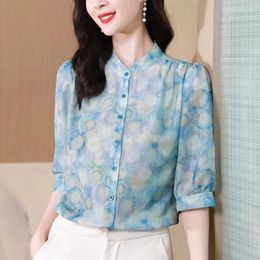 Women's Blouses 2024 Chiffon Summer Blouse Casual Fashion Advanced Temperament Simplicity Tops Printing Three-quarter Sleeve Shirt