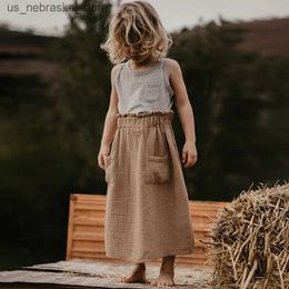 Girl's Dresses Autumn New Retro Girls Long Skirt 100% Cotton Muslin Childrens Adjustable Elastic Waistband Casual Flowy Pockets Skirts TZ170 Q240418