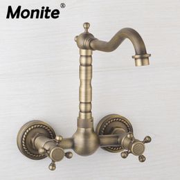 Bathroom Sink Faucets Monite 360 Rotated Antique Brass Basin Mix Tap Dual Handles Bathtub Wall Mounted Kitchen Mixer Faucet